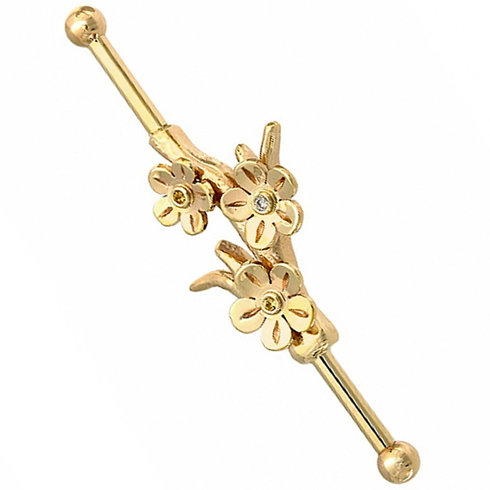 Cherry Blossom Branch Industrial Barbell in Gold with Yellow Sapphire & Diamond