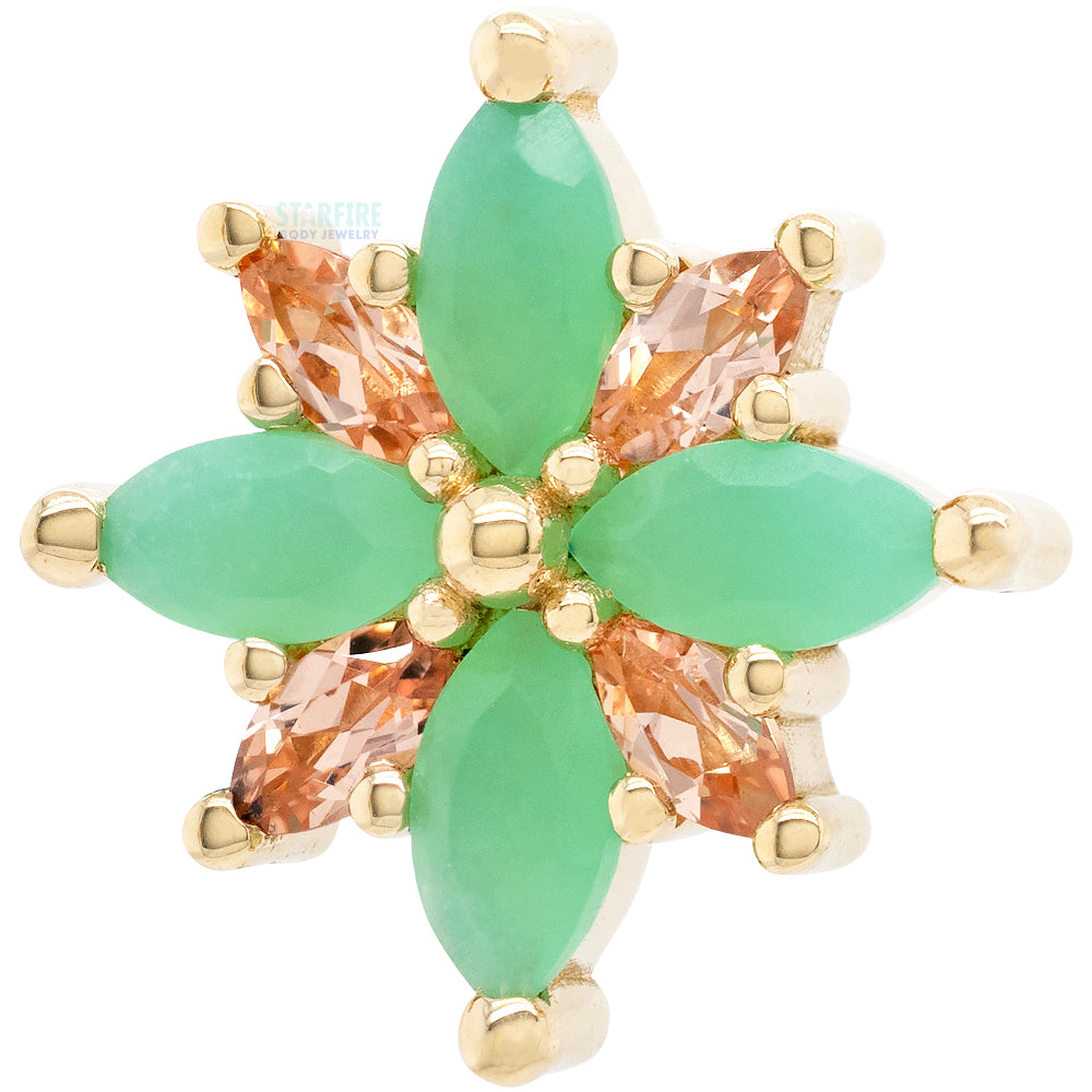 "Polaris" Threaded End in Gold & Platinum with Chrysoprase & Chatham Champagne Sapphire