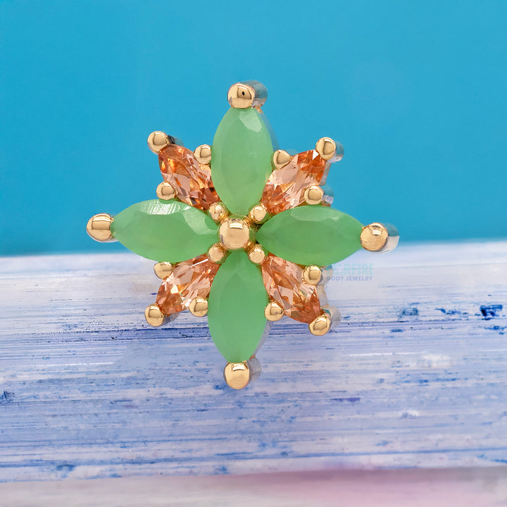 "Polaris" Threaded End in Gold & Platinum with Chrysoprase & Chatham Champagne Sapphire