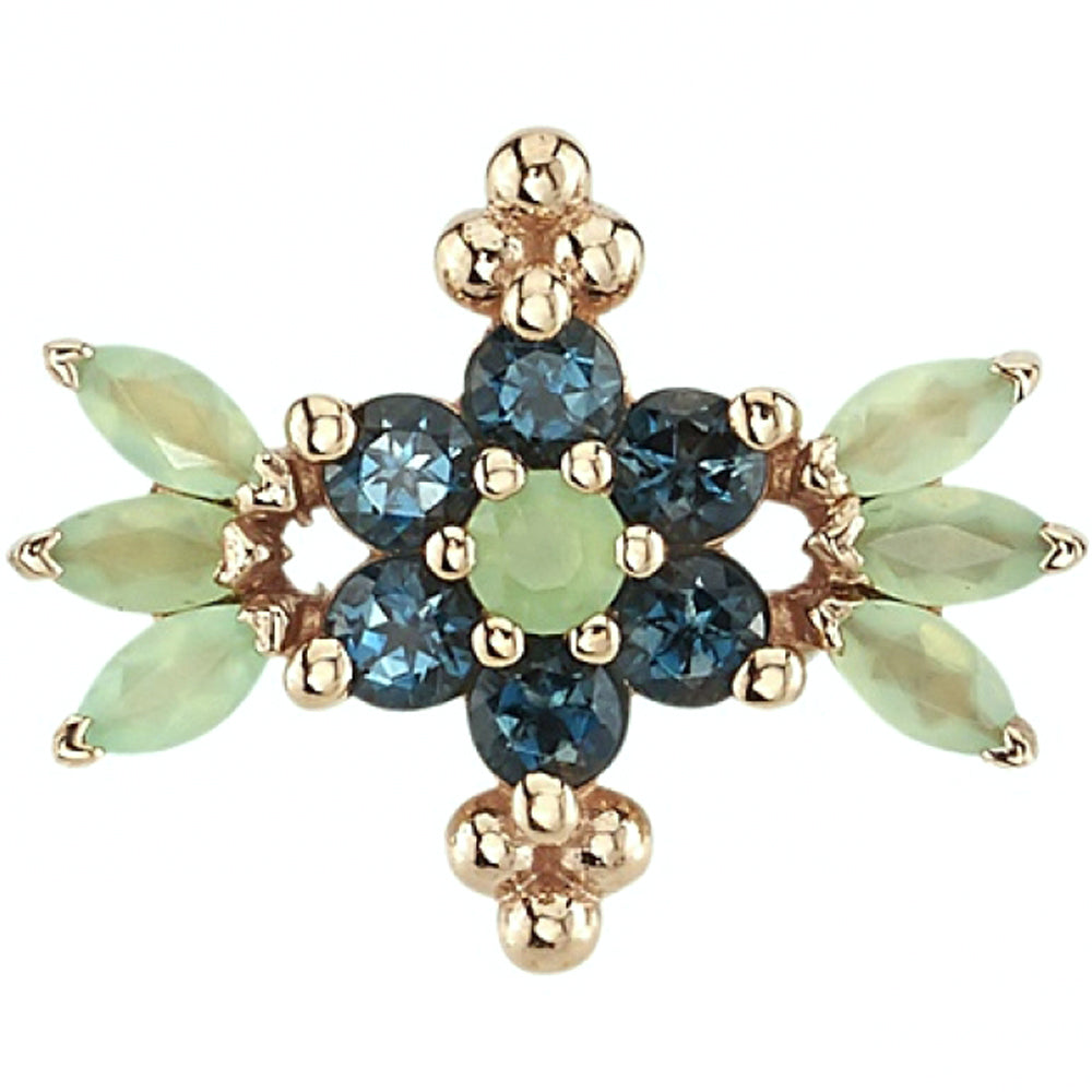 "Ashley" Threaded End in Gold with Sandblasted Faceted Chrysoprase & London Blue Topaz
