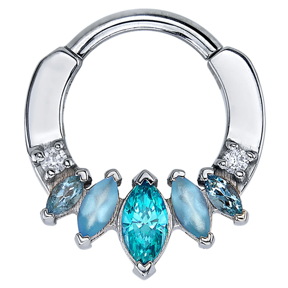 "Tesseract" Hinge Ring in Gold with White CZ, Aquamarine, Sandblasted Swiss Blue Topaz & Mint CZ