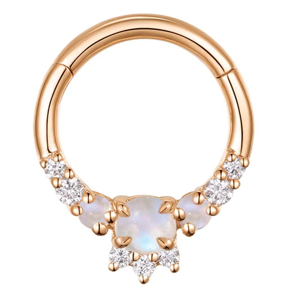 "Leia Elaborate" Hinge Ring / Clicker in Gold with Moonstone & Diamonds