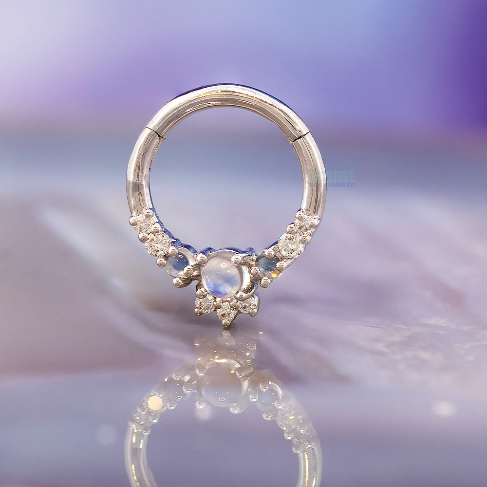 "Leia Elaborate" Hinge Ring / Clicker in Gold with Moonstone & Diamonds