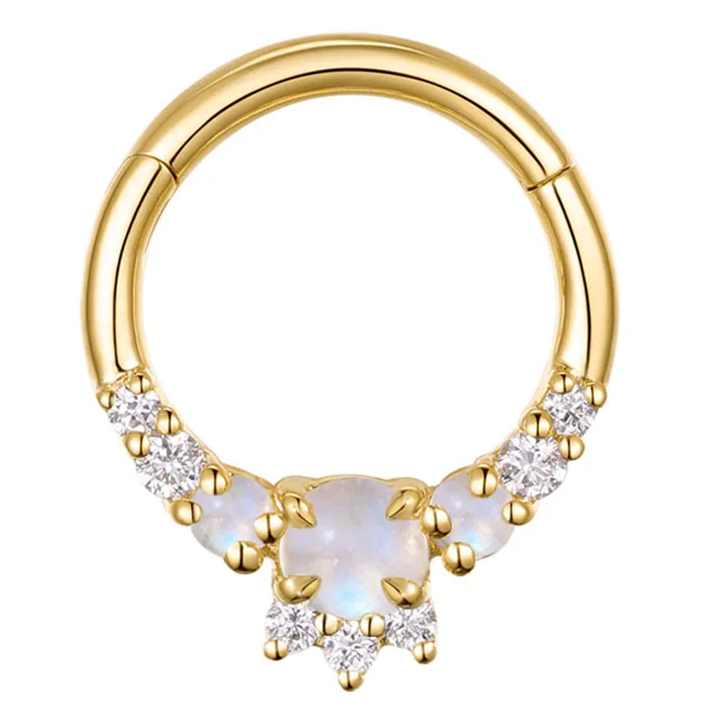 "Leia Elaborate" Hinge Ring / Clicker in Gold with Moonstone & Diamonds
