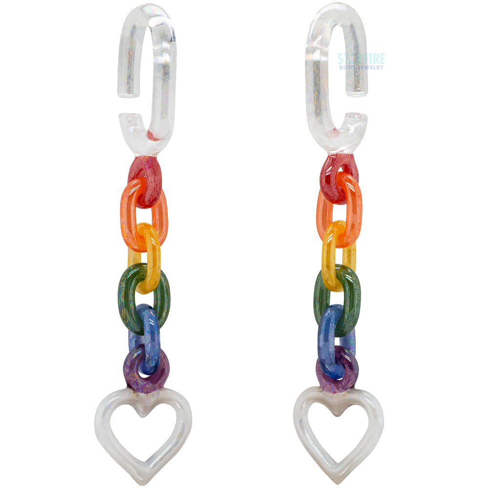Glass Chain Weights with Heart - Oil Slick Clear with Rainbow & UV White Pink