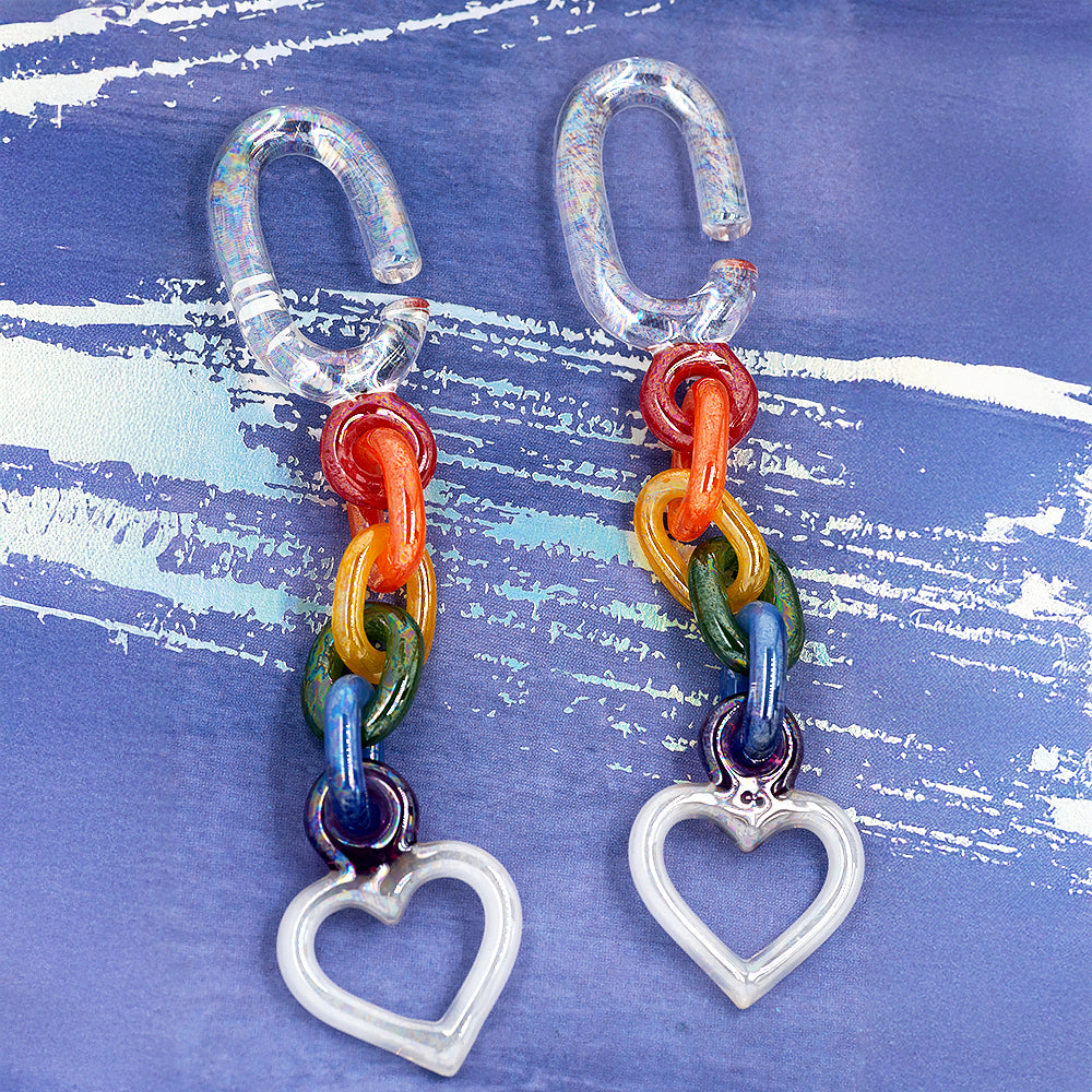Glass Chain Weights with Heart - Oil Slick Clear with Rainbow & UV White Pink