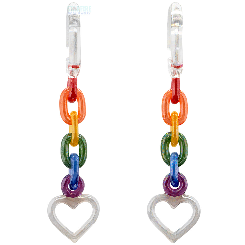 Glass Chain Weights with Heart - Oil Slick Clear with Rainbow & UV White Pink