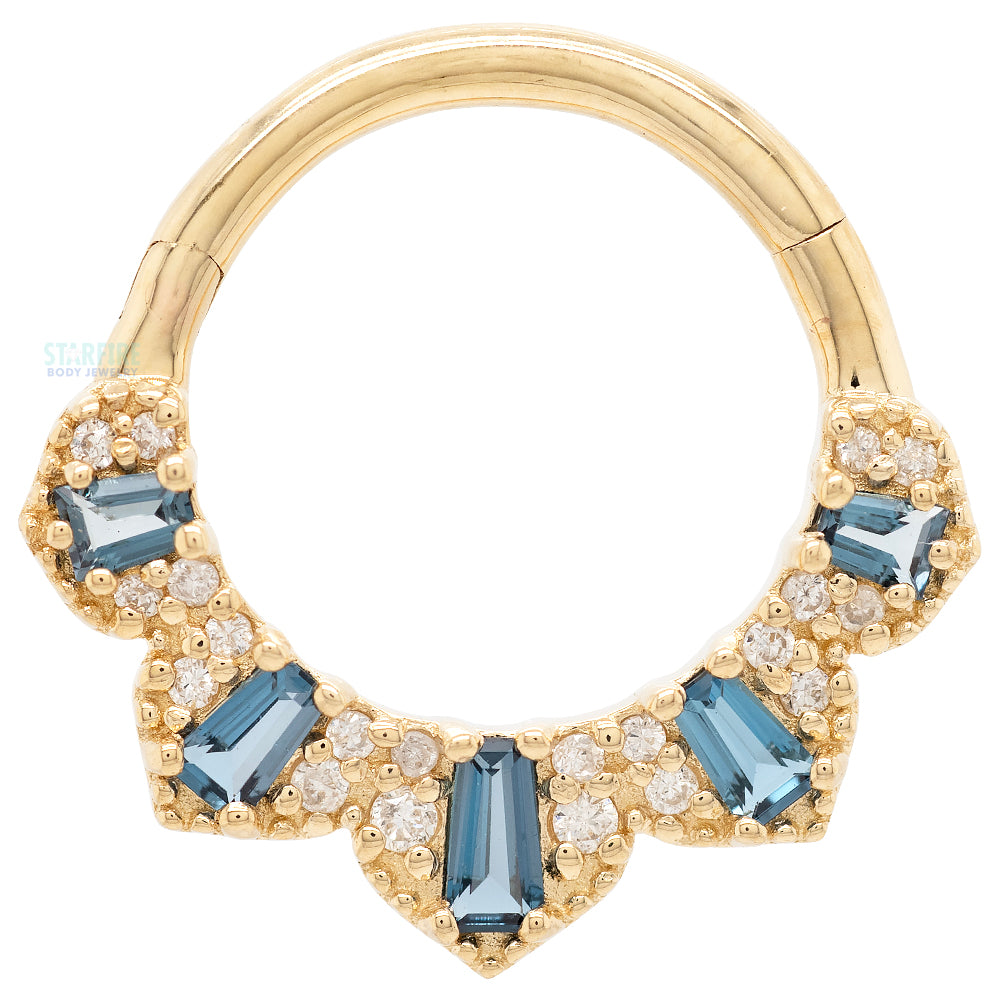 "Gilty Pleasure" Hinge Ring / Clicker in Gold with London Blue Topaz & Diamonds
