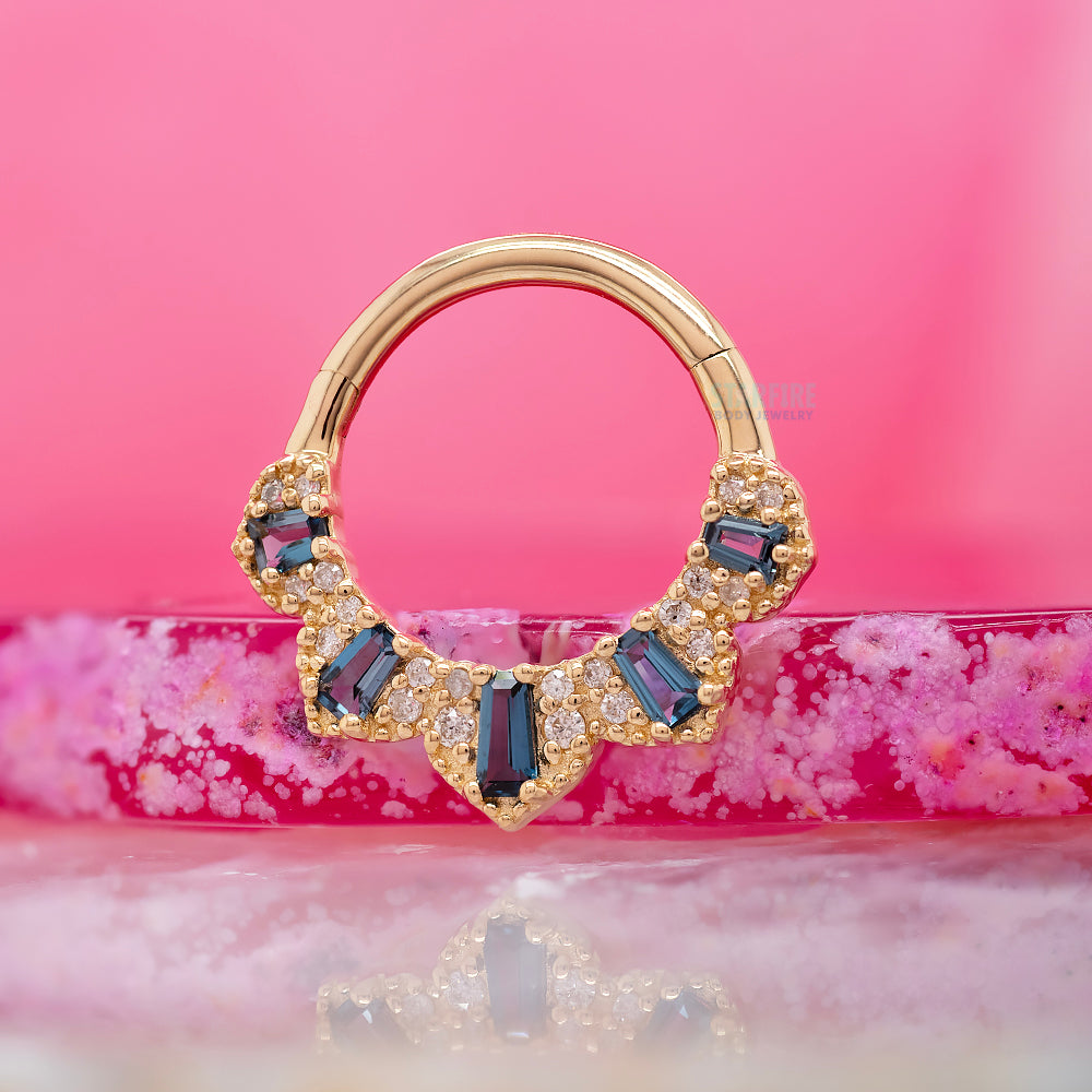 "Gilty Pleasure" Hinge Ring / Clicker in Gold with London Blue Topaz & Diamonds