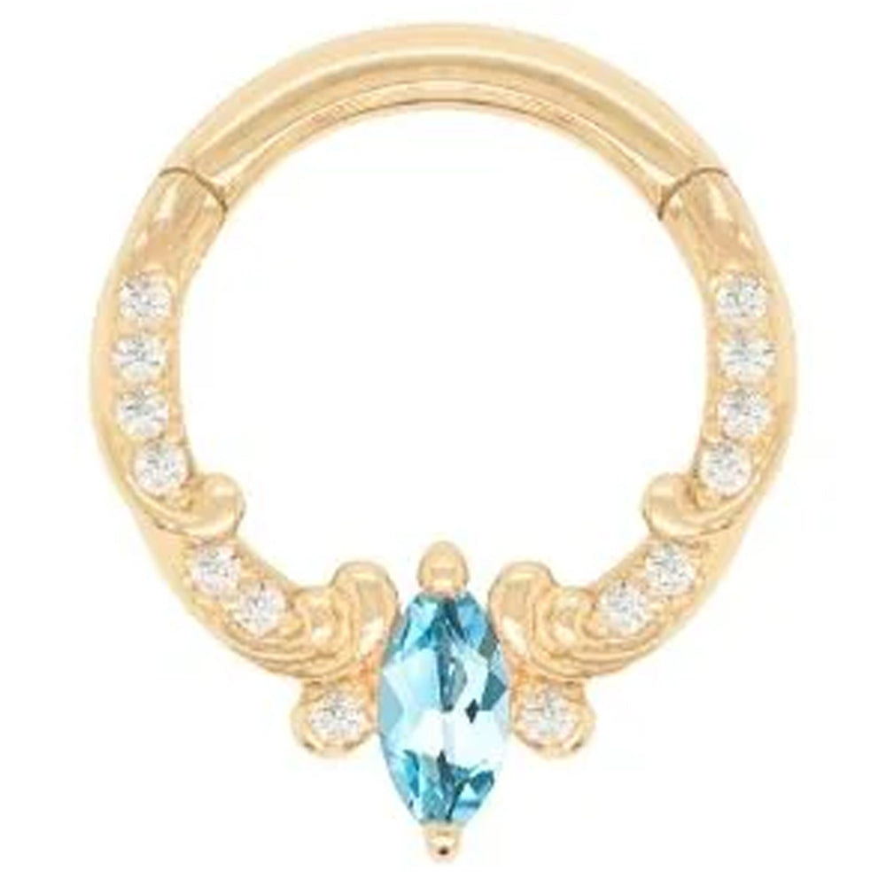 "Coterie" Hinge Ring / Clicker in Gold with London Blue Topaz & CZ's