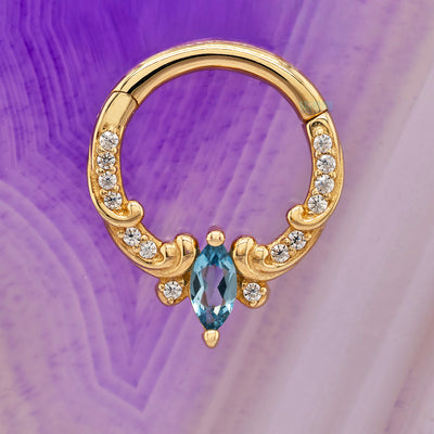 "Coterie" Hinge Ring / Clicker in Gold with London Blue Topaz & CZ's