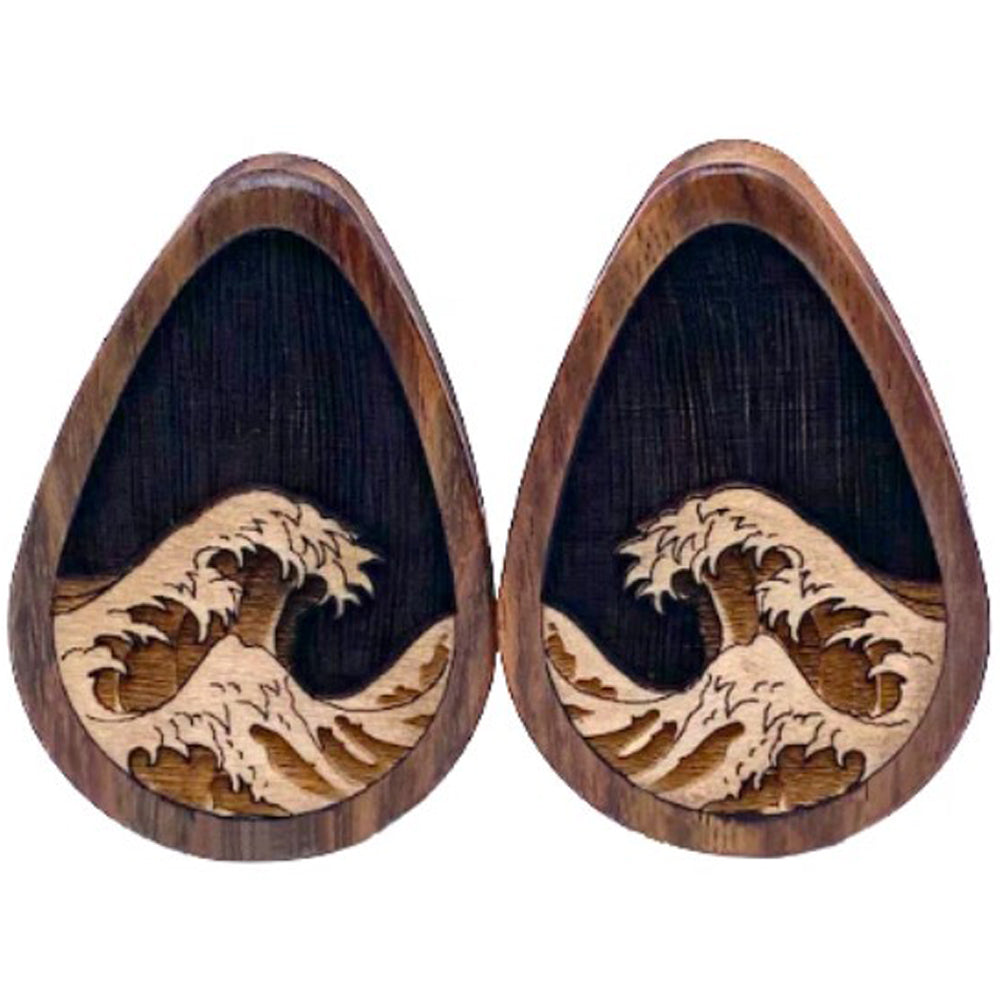 "Great Waves" Wood Teardrop Inlay Plugs