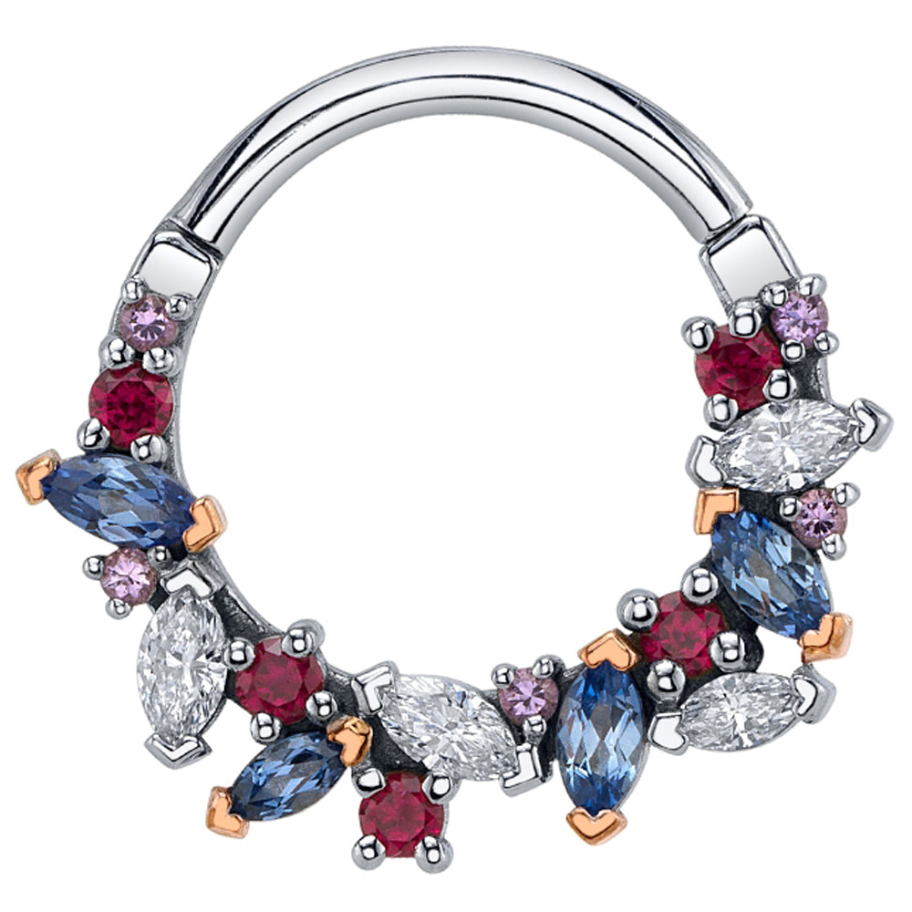"Naomi" Hinge Ring in Gold with Polar Sapphire, Diamond, Ruby & Light Amethyst