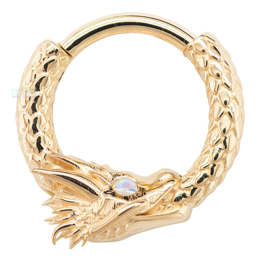 Ouroboros Dragon Hinge Ring in Gold with Genuine White Opals