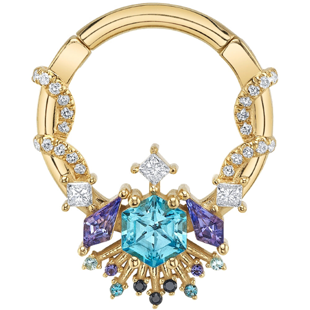"Ramiel" Hinge Ring in Gold & Platinum with Swiss Blue Topaz, Tanzanite, White Diamond, Iolite, London Blue Topaz & Black Diamonds