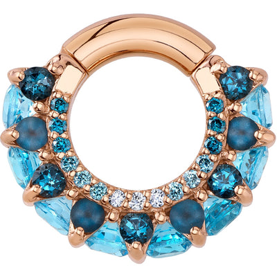 "Akasha" Hinge Ring in Gold & Platinum with Ocean Blue Diamond, Ice Blue Diamond, White Diamond, London Blue Topaz & Swiss Blue Topaz