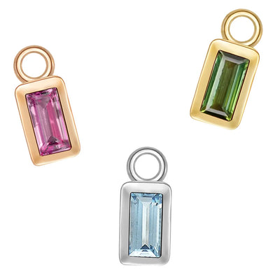 Baguette Bezel Charm in Gold with Colored Genuine Gemstones