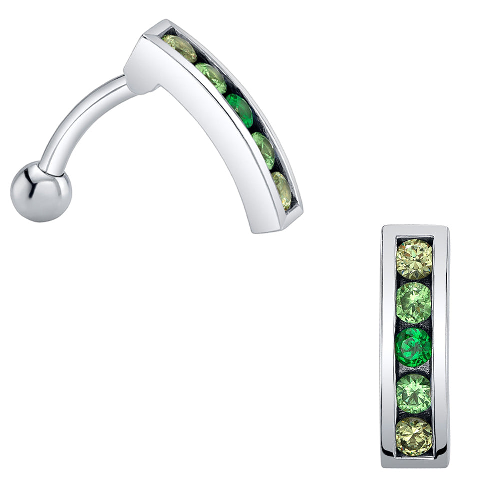 "Marava" Top Loader Navel Curve in Gold & Platinum with Chrome Tsavorite, Tsavorite & Demantoid Garnet