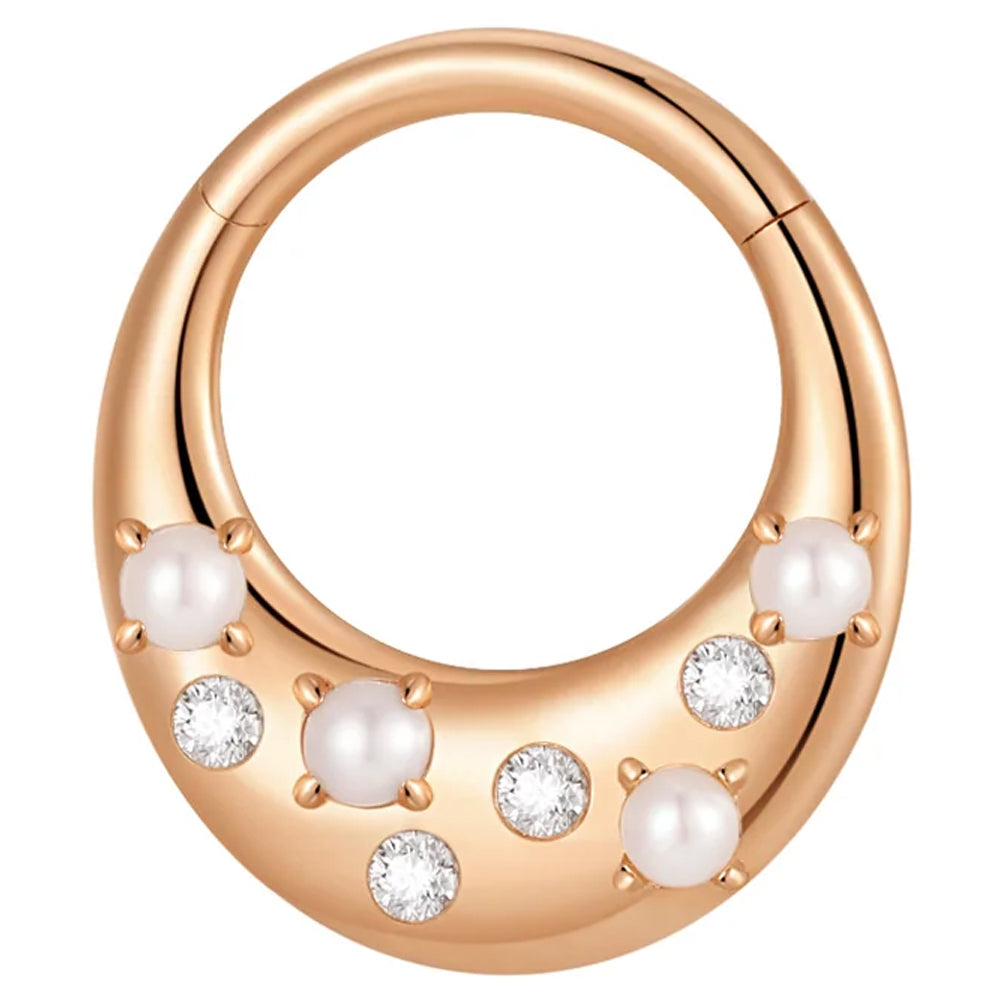 "Glow Getter" Hinge Ring / Clicker in Gold with Pearl & Moissanites