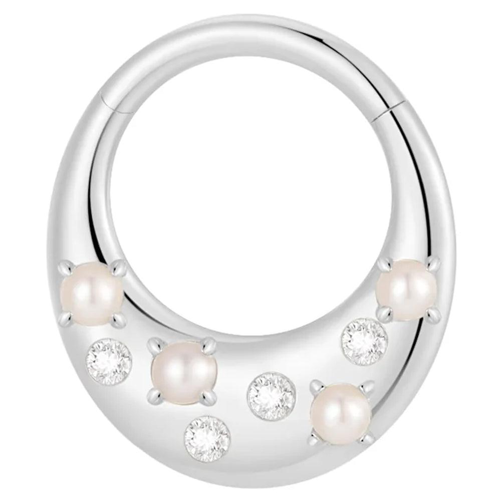 "Glow Getter" Hinge Ring / Clicker in Gold with Pearl & Moissanites