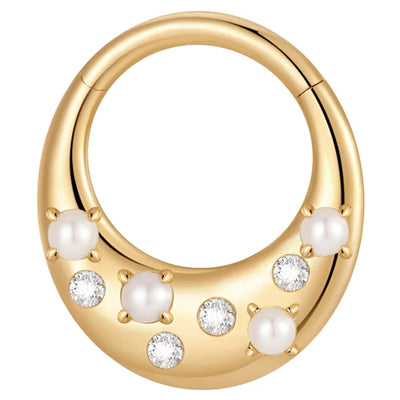 "Glow Getter" Hinge Ring / Clicker in Gold with Pearl & Moissanites
