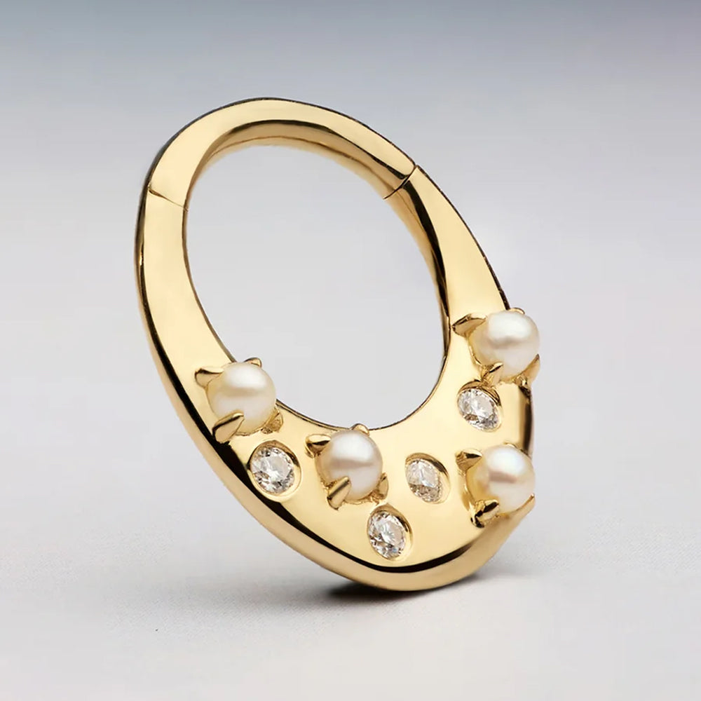 "Glow Getter" Hinge Ring / Clicker in Gold with Pearl & Moissanites