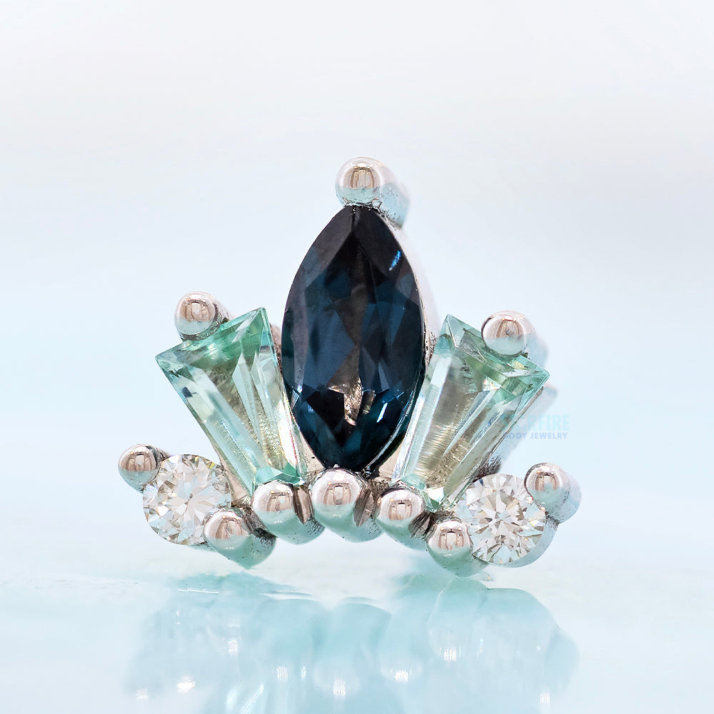 "La Princesa" Threaded End in Gold & Platinum with London Blue Topaz, Mint Beryl & Diamonds
