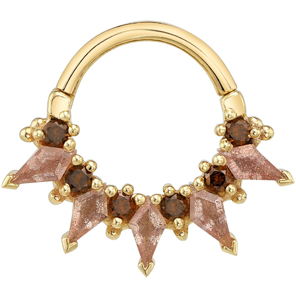 "Desdemona" Hinge Ring in Gold & Platinum with Oregon Sunstones & Chocolate Diamonds