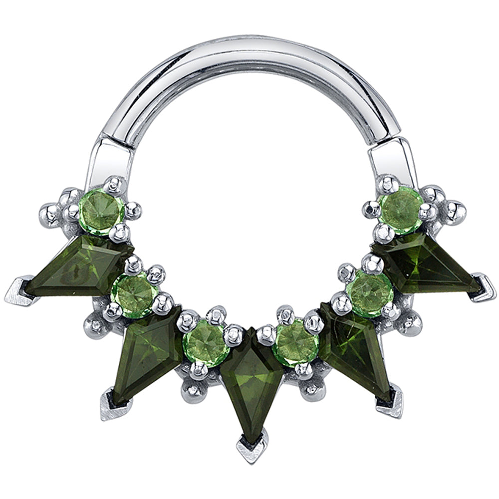 "Desdemona" Hinge Ring in Gold & Platinum with Green Tourmalines & Reverse-Set Tsavorites