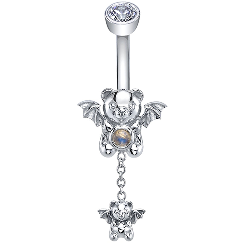 "Contessa Nocturna" Navel J Curve in Gold & Platinum with Rainbow Moonstone & White CZ