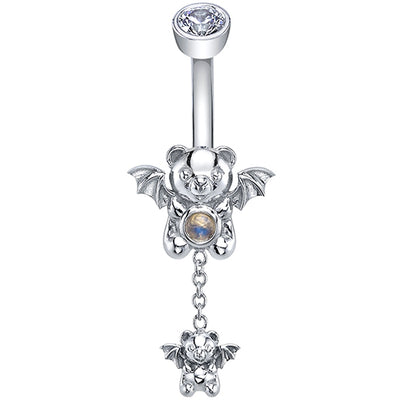 "Contessa Nocturna" Navel J Curve in Gold & Platinum with Rainbow Moonstone & White CZ