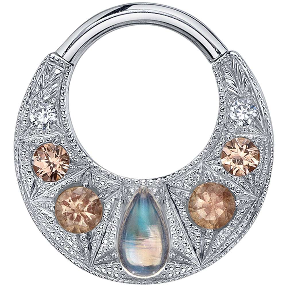 "Boston Tiger" Hinge Ring in Gold & Platinum with Rainbow Moonstone, Oregon Sunstone, Chatham Champagne Sapphire & White CZ's