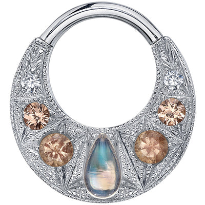 "Boston Tiger" Hinge Ring in Gold & Platinum with Rainbow Moonstone, Oregon Sunstone, Chatham Champagne Sapphire & White CZ's