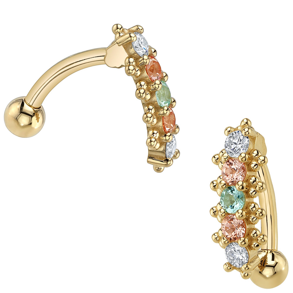 "Sayshell" Top Loader Navel Curve in Gold & Platinum with Mint Beryl, Chatham Champagne Sapphire & DIAMONDS