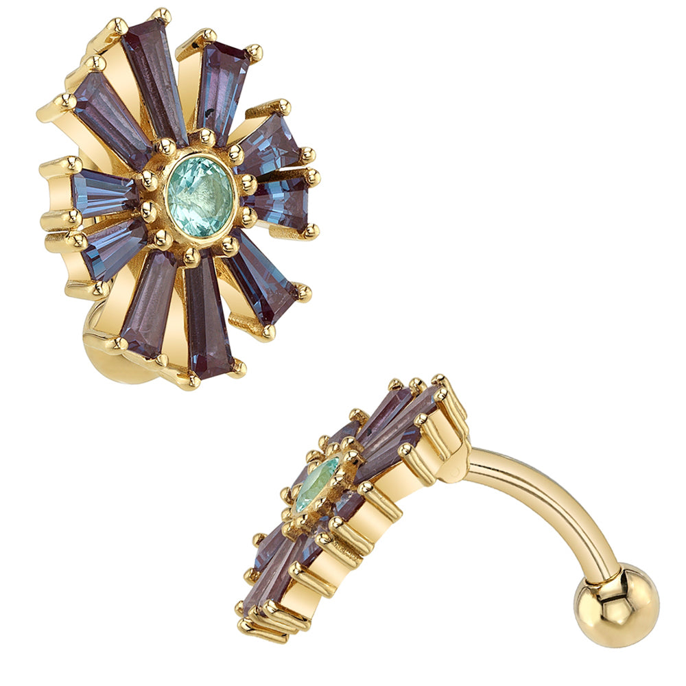 "Florena" Top Loader Navel Curve in Gold & Platinum with Chatham Alexandrite & Mint Beryl