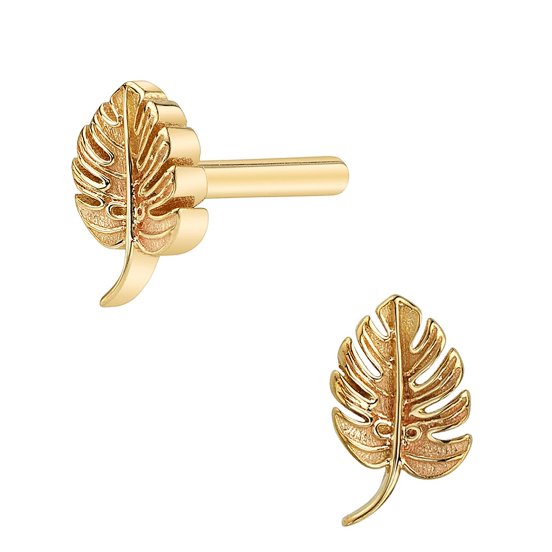 Gold Threaded Flatback / Labret Post / Straight Barbell End with Fixed Monstera