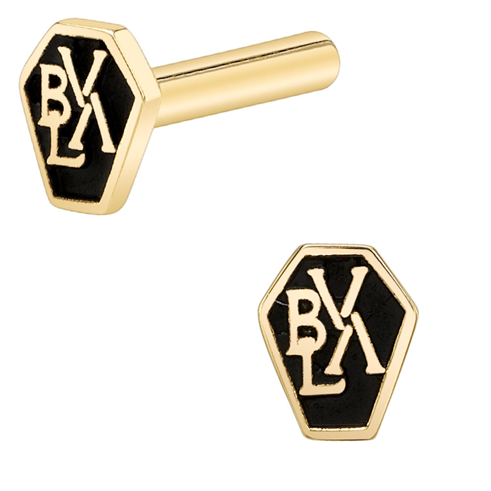 Gold Threaded Flatback / Labret Post / Straight Barbell End with Fixed ( ANTIQUED FINISH ) 'Til Death Coffin