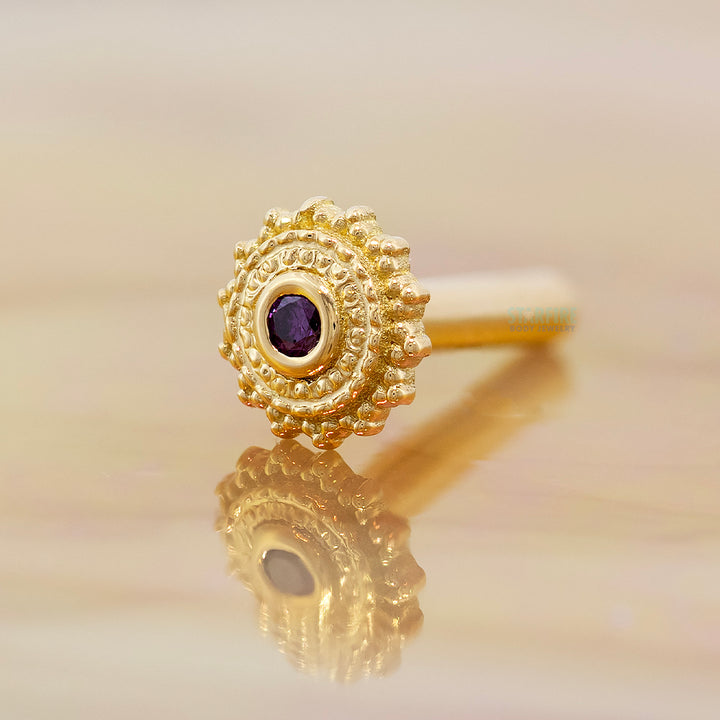 Gold & Platinum Threaded Flatback / Labret Post / Straight Barbell End with Fixed Round Afghan with Purple Diamond