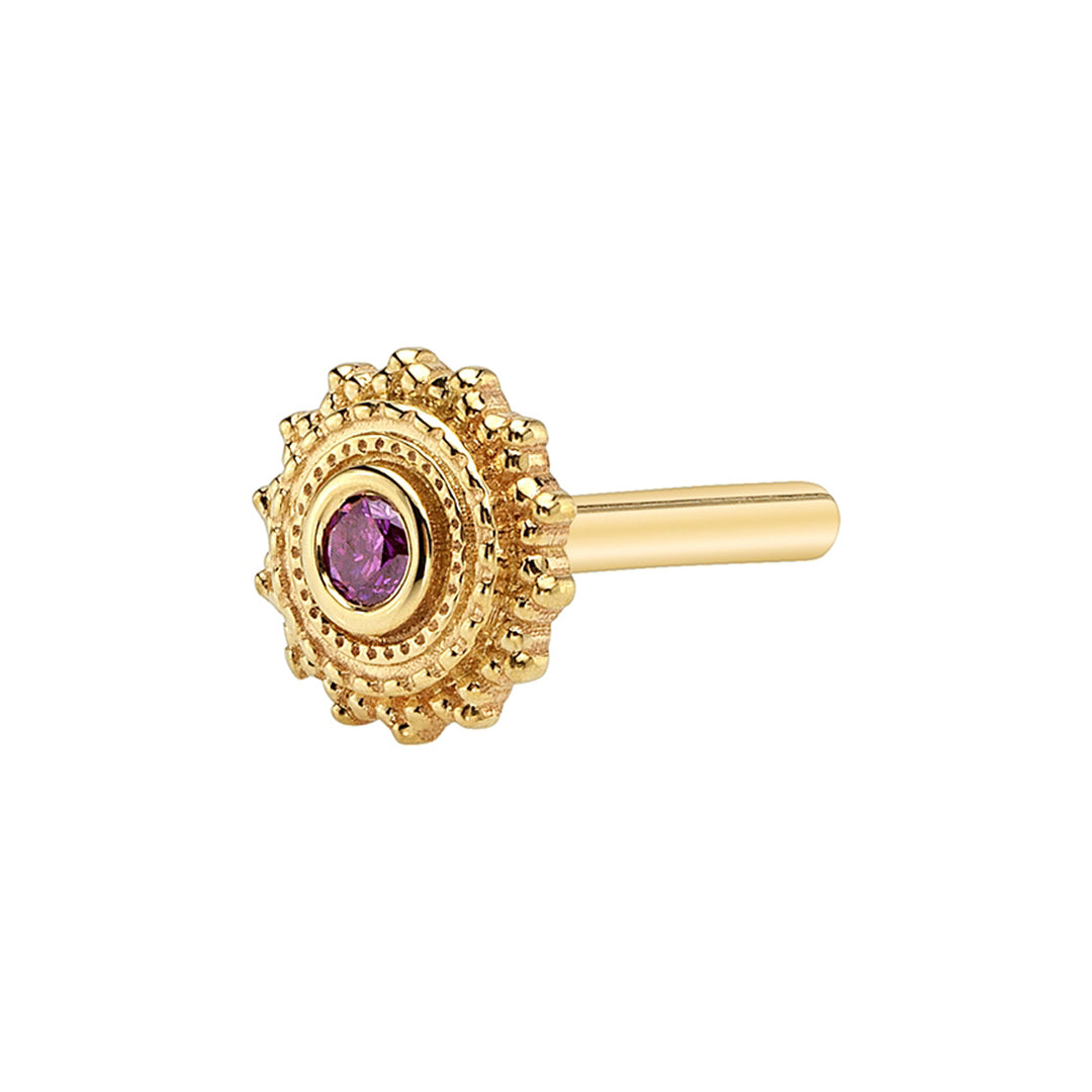 Gold & Platinum Threaded Flatback / Labret Post / Straight Barbell End with Fixed Round Afghan with Purple Diamond
