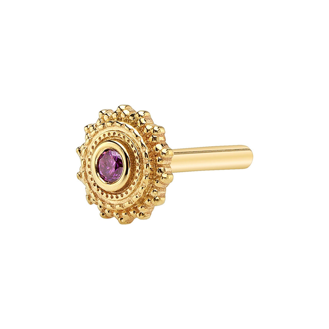 Gold Threaded Flatback / Labret Post / Straight Barbell End with Fixed Round Afghan with Purple Diamond