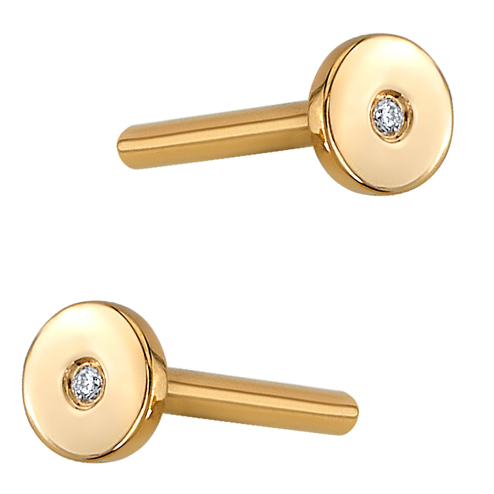 Gold Threaded Flatback / Labret Post / Straight Barbell End with Fixed Disc with Flush Set White CZ