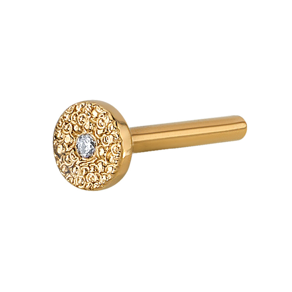 Gold Threaded Flatback / Labret Post / Straight Barbell End with Fixed Disc with Pave Set White CZ