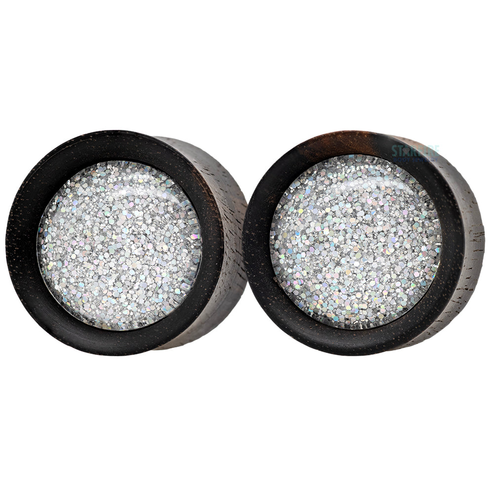 Round Glass Gem Plugs in Wood - Sparkle Silver