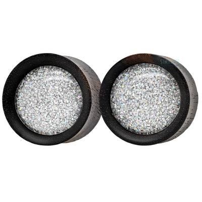 Round Glass Gem Plugs in Wood - Sparkle Silver