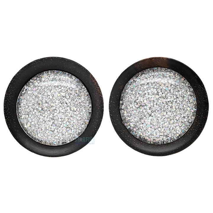 Round Glass Gem Plugs in Wood - Sparkle Silver