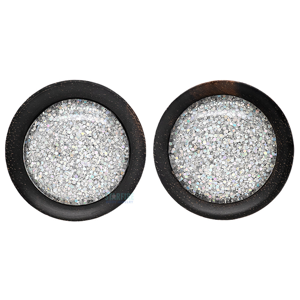 Round Glass Gem Plugs in Wood - Sparkle Silver
