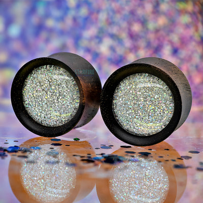 Round Glass Gem Plugs in Wood - Sparkle Silver
