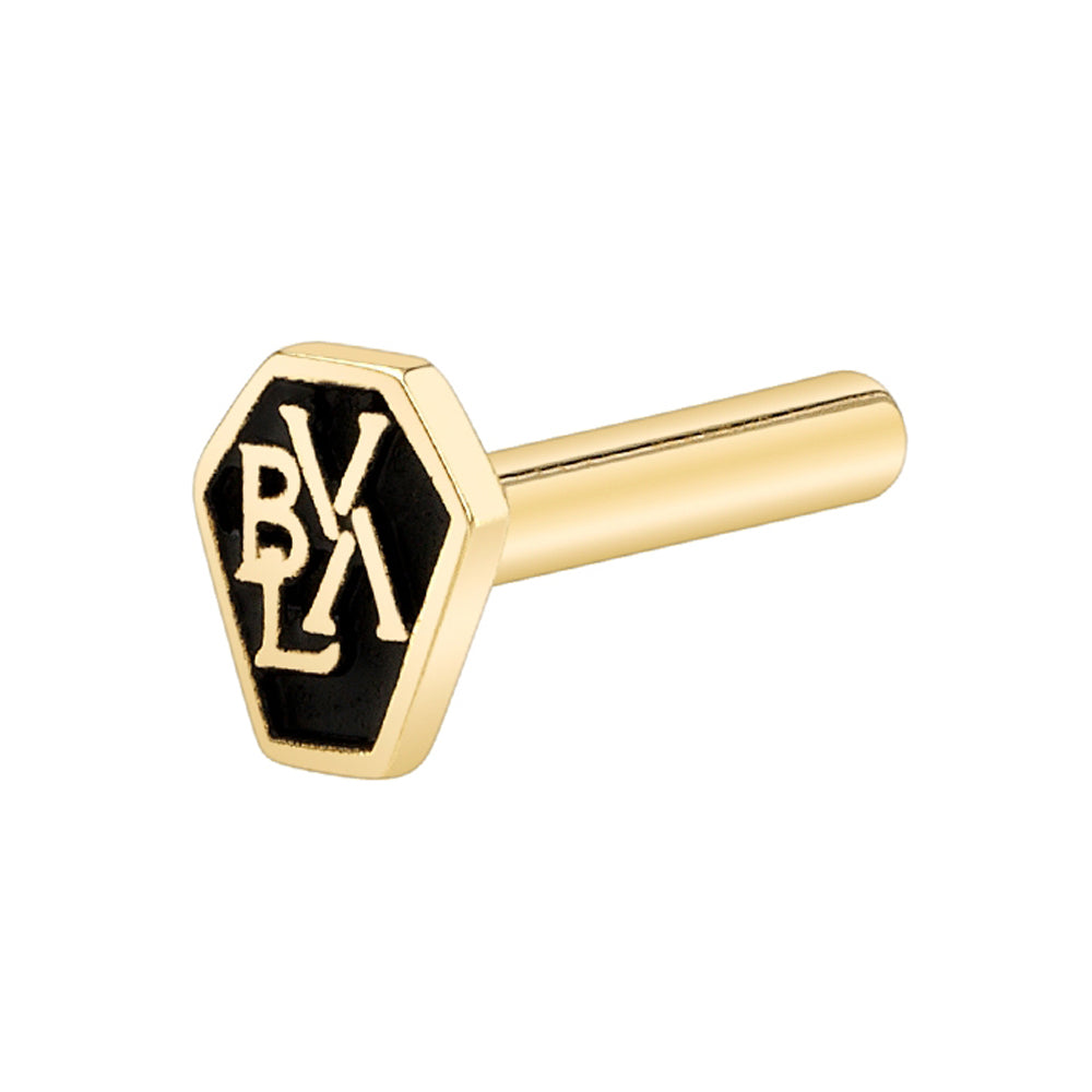 threadless: Gold Flatback / Labret Post / Straight Barbell End with Fixed ( ANTIQUED FINISH ) 'Til Death Coffin