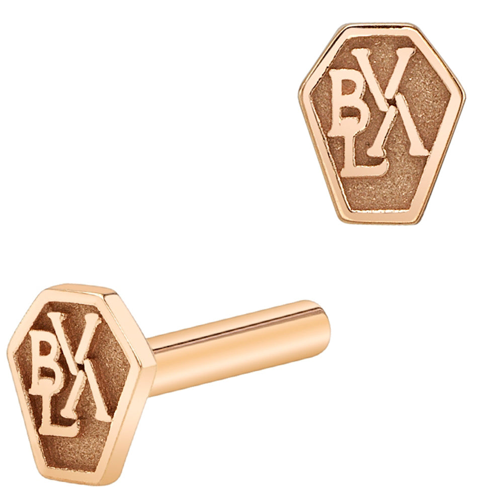 threadless: Gold Flatback / Labret Post / Straight Barbell End with Fixed 'Til Death Coffin