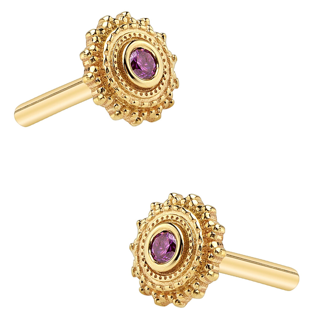 threadless: Gold & Platinum Flatback / Labret Post / Straight Barbell End with Fixed Round Afghan with Purple Diamond